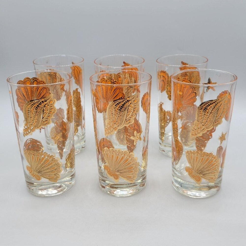 Culver Seashells Drinking Glasses 22kt Gold Gilt Design Barware Set of 6